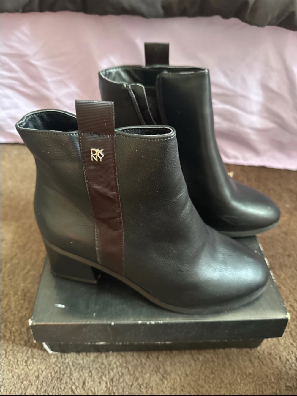 DKNY Black Leather Ankle Booties with Logo Strap